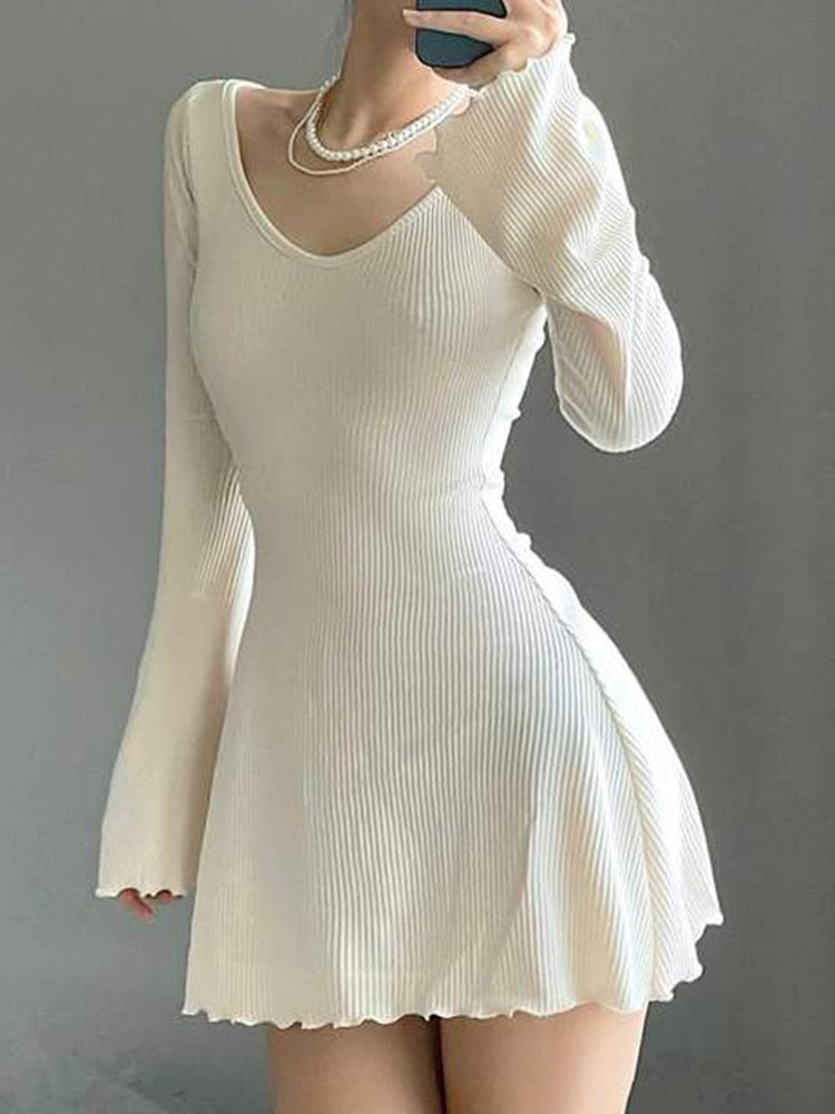 Knitting Elegant Dress For Women Spring Fall Solid Color V Neck Office Lady Irregular Hem Simple Basic Slim Dresses