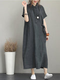 Summer New Ladies Loose Dress Solid Color Cotton Linen Lapel Short-sleeved Dress Women's Mid-length Comfortable and Breathable
