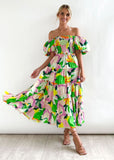 Summer Dresses for Women Print Off Shoulder Puff Sleeve Long Dress Backless High Waist A-line Beach Dress Vestido