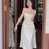 Summer Women Spaghetti Strap Elegant Midi Satin Dresses Wedding Evening Birthday Holiday Backless Prom Clothes New