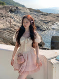 Kawaii Lolita Dress Women Casual Y2k Mini Dress Slim Elegant Bow Dress Party Elegant Vintage One Piece Dress Korean Summer