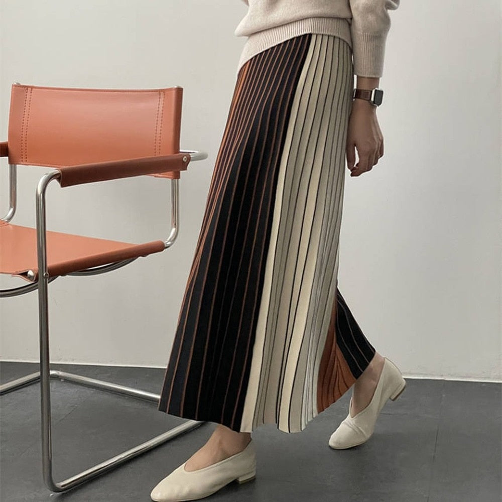 Autumn Winter Knitting Skirt High Waist Long Pencil Skirt Women Knitted Casual Vintage Maxi Skirt Vintage Warm Thick Midi Stripe