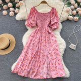 YuooMuoo Fast Shipping Women Dress Fashion Romantic Floral Print Split Long Summer Dress Puff Sleeve Party Korean Vestidos