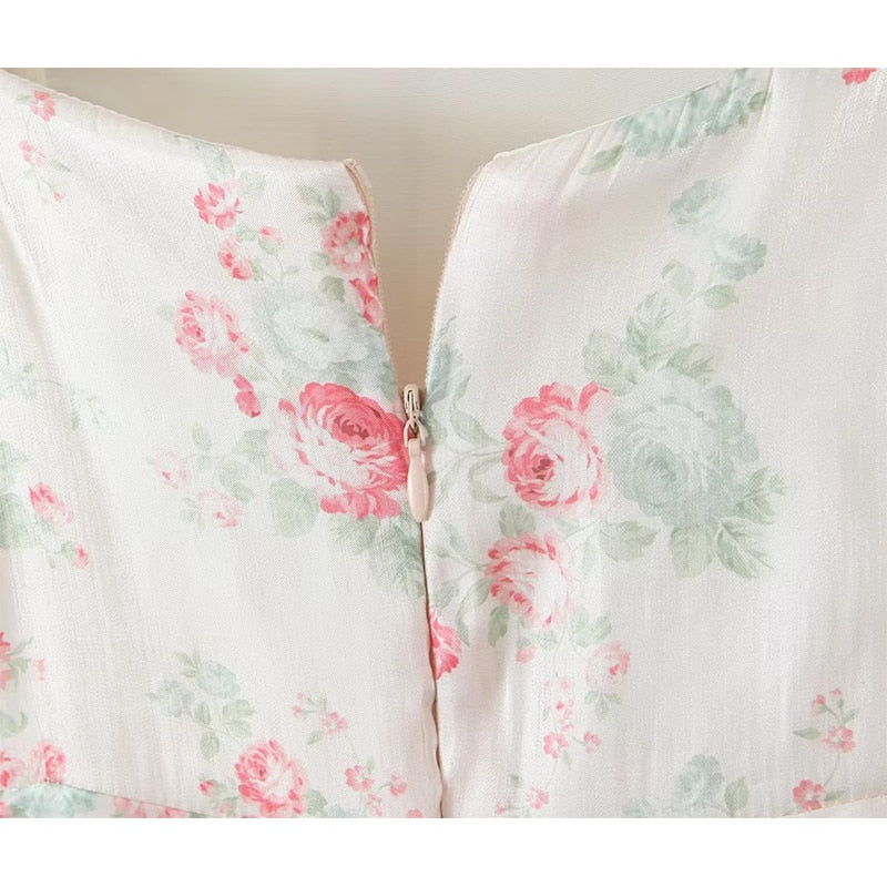 Sweet Women Floral Print Satin Ball Gown Dress Vintage Puff Sleeve Square Neck Elegant Ladies Party Mini Robe