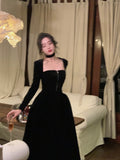 French Vintage Velvet Midi Dress Woman Black Elegant Evening Party Dress Casual One Piece Dress Korean Fashion  Autumn Slim