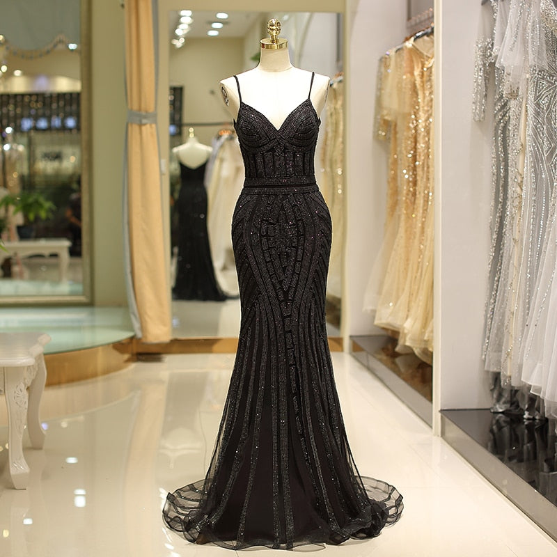 Darianrojas Black Evening Dresses Long Luxury Beaded Crystals Sexy V-Neck Mermaid Party Gowns Plus Size robe de soiree