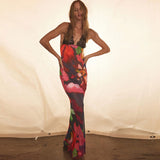 Elegant Tie Dye Floral Chiffon Dress For Women  Summer Sexy Bandage Backless Lace Long Dresses Female Beach Evening Robe