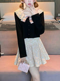 Autumn Kawaii Lolita Knitted Cardigan Women Lace Black Korean Sweet Cute Sweater Female Bow Japanese Elegant Sweater Tops