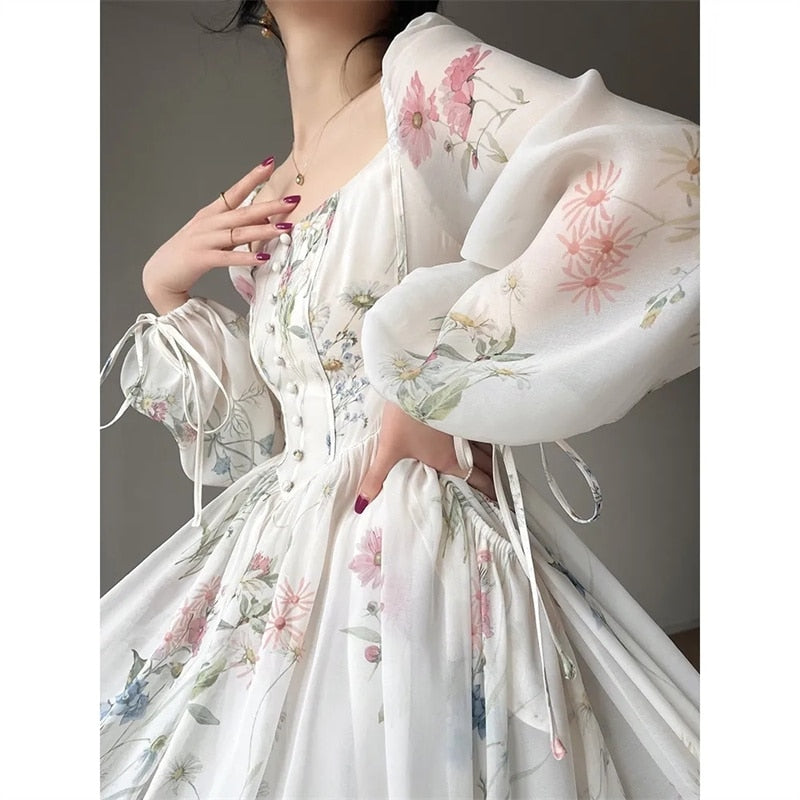Darianrojas French Style Floral Maxi Dress Women Elegant Chiffon Long Sleeve Beach Dress Woman Fairy Dress Korean Evening Party Summer