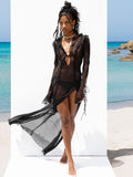 Sexy V Neck Black Perspective Ruffle Dress For Women Summer  Elegant Long Sleeve Split Party Maxi Dresses vestidos A1942