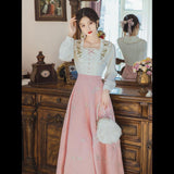 Autumn Vintage Fairy Slim Dress Women Patchwork Pink Elegant Party Midi Dress Female Korean Fahsion One Piece Casual Dress