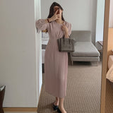 Solid Korean O-Neck Puff Sleeve Dress for Women Pleated Dress Long Sleeve Slim Midi Party Dresses Elegant Spring