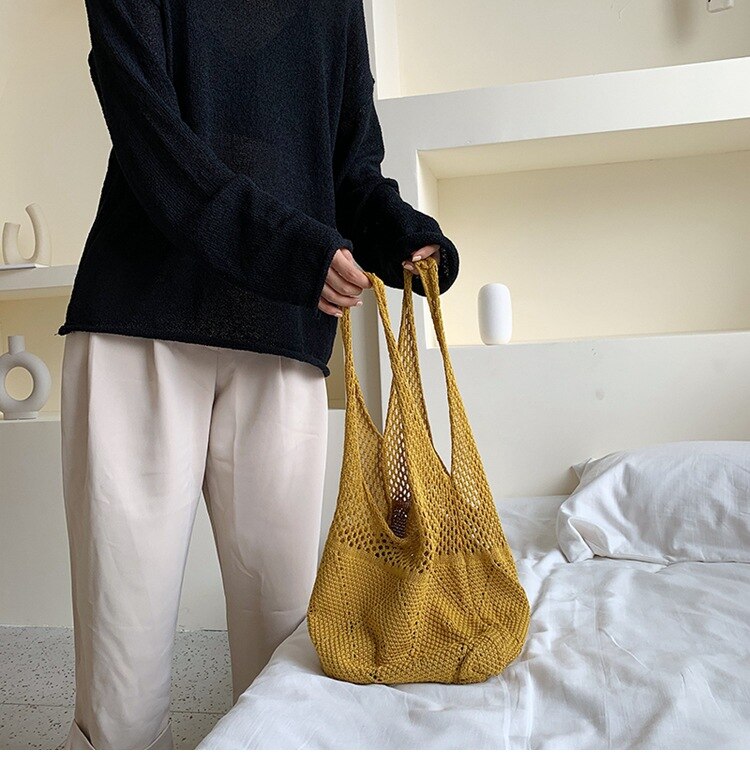 Darianrojas Handmade Lady Retro Chic Crochet Handbag Korean Fashion Knitted Braid Hollow Black Yellow Top-handle Tote Bag shopper sac