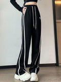 Streetwear Women Striped Y2K Sweatpants Vintage Lace Up Heart Wide Leg Pants Grey High Waist Korean Female Casual Trousers