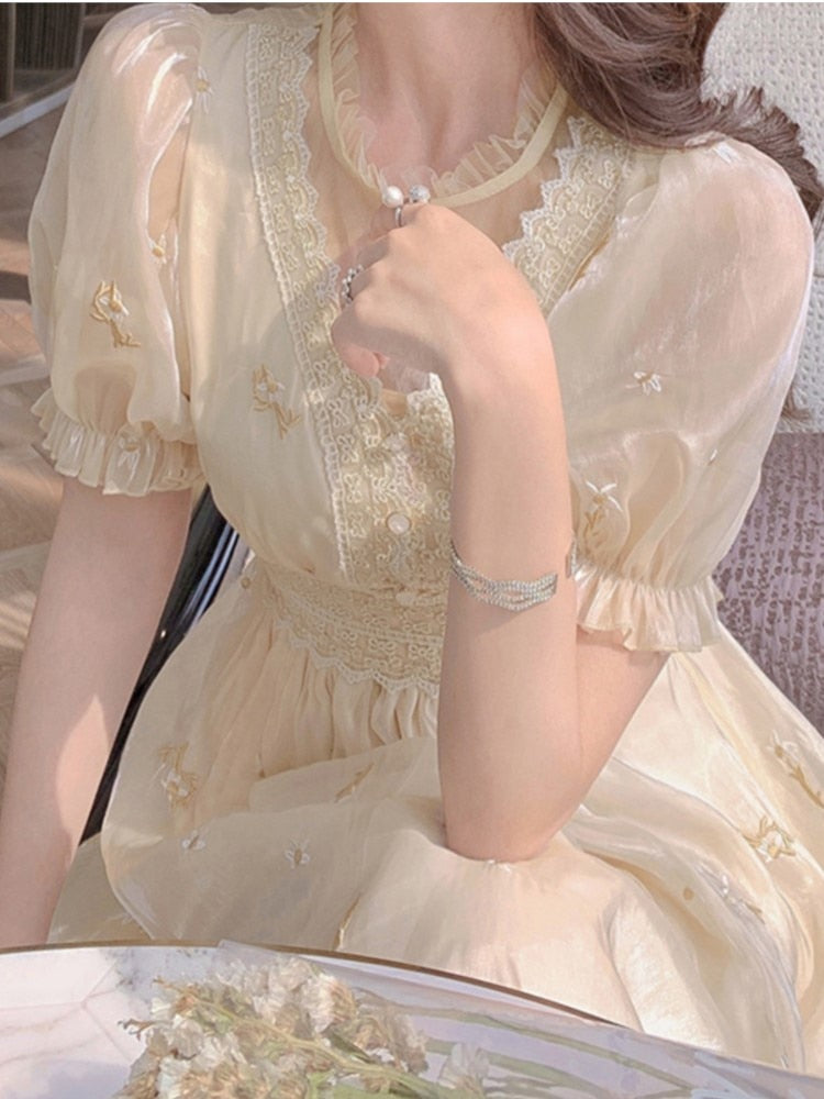 Darianrojas Vintage Summer Elegant Women French Retro Lace V-neck Princess Fairy Dress Puff Sleeve Party Dress traf платье robe