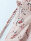 Retro French style Summer Light Pink Flower Print Wood ears Slash Collar Mini Dress Sexy Bow Lacing Up Sling Robe Holiday