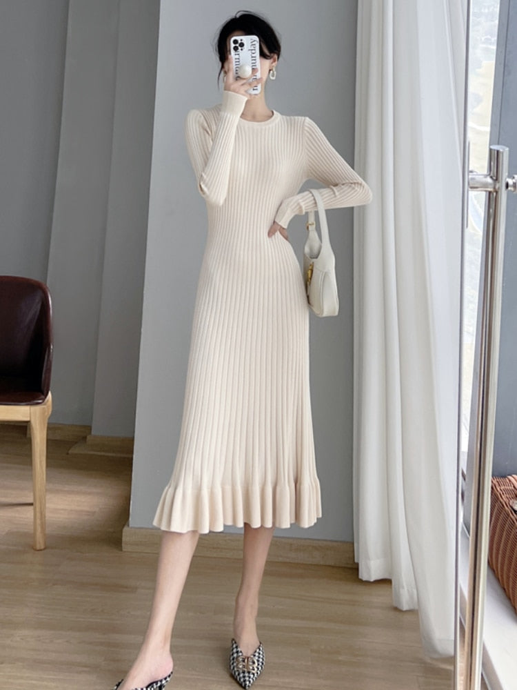Thick Mermaid O-Neck Long Sweater Maxi Dress for Women Elegant Casuals Female A-line Slim Sexy Knitting Dress Autumn Winter