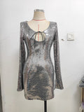 Sexy V Neck Lace-up Sequins Mini Dress Women Silver Gray Sequined Sheer Dress Spring Elegant Party Evening Club Dresses