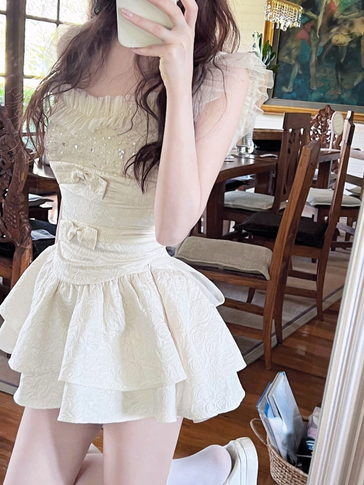 Party Elegant Slim 2 Piece Dress Set French Design Summer Bow Strap Vest + Skirts Sweet Kawaii Clothing Lolita Dress Women