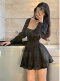 Black Vintage 3 Piece Skirt Set Women Sexy Lolita Y2k Mini Skirt Suit Female Casual Korean Fashion Long Sleeve Retro Set