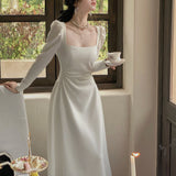 Spring New Elegant Square Collar Midi Party Dress  For Women Long Sleeve Black White Slim Vestidos Female Clothes