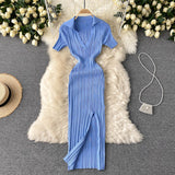 Chic Stripe Elastic Slim Elegant Split Wrap Bodycon Dress Sexy Short Sleeve Casual Lapel Women Fashion Knit Vestido Pencil Dress