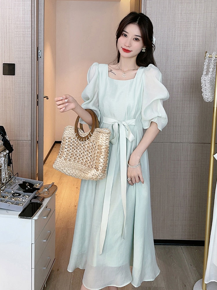 Solid Sexy Casual Bow Square Collar Short Puff Sleeve Evening Midi Dresses for Women Summer New Maxi Dress Elegant Clothing