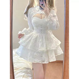 Hot Girl Lace White Kawaii Lolita Dress Woman Cascading Ruffl Long Sleeve Fairy Dress Straps Birthday Party Quinceanera Dresses