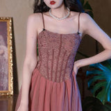 Vintage Elegant Party Midi Dress Women Flower Korean Style Retro Strap Dress A-line Temperament Fashion Beach Dress Spring