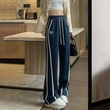 Streetwear Women Striped Y2K Sweatpants Vintage Lace Up Heart Wide Leg Pants Grey High Waist Korean Female Casual Trousers