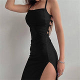 Sexy Black Long Bodycon Dress Women Summer Sleeveless Blackless Halter Neck Spaghetti Strap Dresses High Split Vestidos