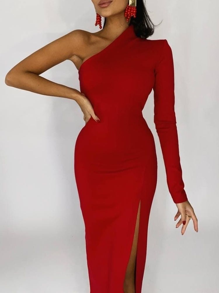 Red Elegant Dresses For Women  Fashion One Shoulder Maxi Dress Bodycon Summer Autumn Ladies Sexy Evening Club Party Dress