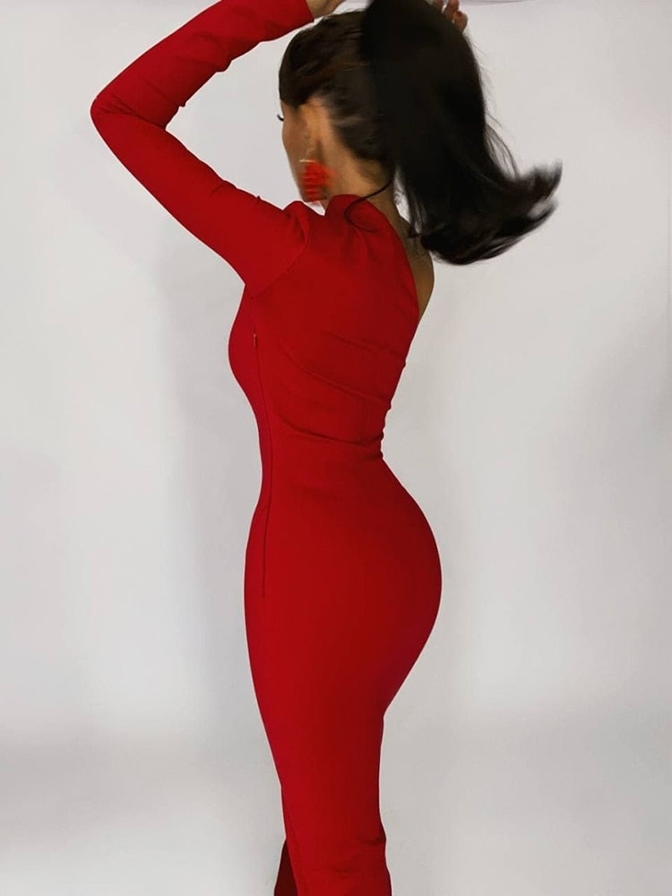 Red Elegant Dresses For Women  Fashion One Shoulder Maxi Dress Bodycon Summer Autumn Ladies Sexy Evening Club Party Dress