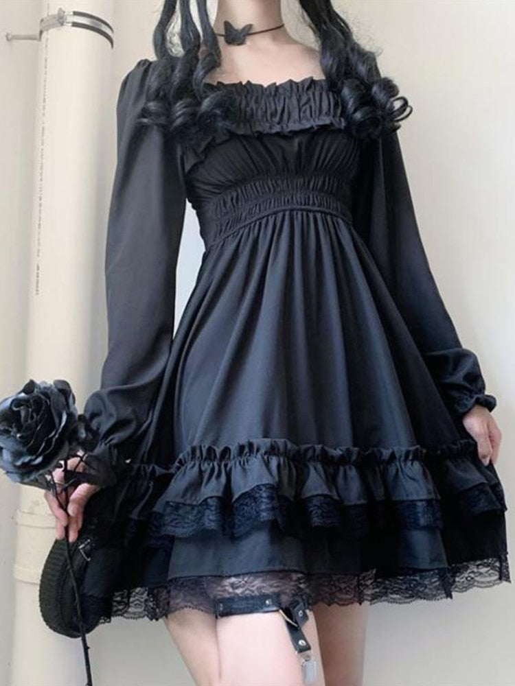 InsDoit Lolita Gothic Black Corset Dress Women Vintage Lace Patchwork Ruched Aesthetic High Waist Dress Punk Party A-LINE Dress