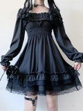 InsDoit Lolita Gothic Black Corset Dress Women Vintage Lace Patchwork Ruched Aesthetic High Waist Dress Punk Party A-LINE Dress