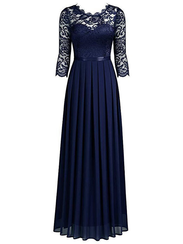Women's Prom Dress Party Dress Lace Dress Long Dress Maxi Dress Green 3/4 Length Sleeve Pure Color Lace Summer Spring Fall Crew Neck Fashion XXL