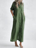 Women‘s Casual Dress Shirt Dress Linen Dress Long Dress Maxi Dress Green Black Blue 3/4 Length Sleeve Pure Color Button Fall Spring Autumn Shirt Collar Basic Daily Weekend Fall Dress Loose Fit S