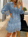 Women's Shirt Dress Casual Dress Cotton Linen Dress Mini Dress Lace Basic Classic Outdoor Daily Vacation Shirt Collar Lace Patchwork Long Sleeve Summer Spring Fall 2023 Loose Fit White Sky Blue Plain