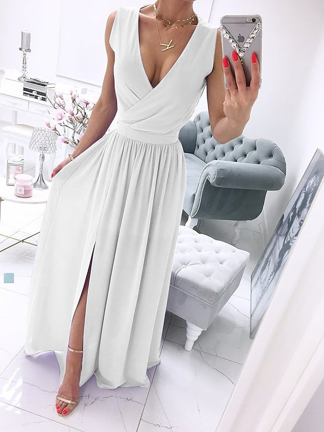Women's Party Dress Holiday Dress Swing Dress Long Dress Maxi Dress Leather Pink White Light Green Sleeveless Pure Color Split Spring Summer V Neck Vacation Party Wedding Guest Date S M L XL 2XL