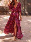 Women's Long Dress Maxi Dress Casual Dress Floral Dress Boho Dress Floral Casual Outdoor Daily Going out Lace up Split Long Sleeve V Neck Dress Loose Fit Black Red Green Fall Spring S M L XL XXL