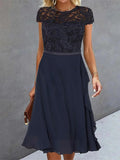 Women's Party Dress Lace Dress Cocktail Dress Midi Dress Dark Blue Short Sleeve Pure Color Lace Summer Spring Fall Crew Neck Fashion Vacation Summer Dress S M L XL 2XL 3XL