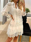 Women's Shirt Dress Casual Dress Cotton Linen Dress Mini Dress Lace Basic Classic Outdoor Daily Vacation Shirt Collar Lace Patchwork Long Sleeve Summer Spring Fall 2023 Loose Fit White Sky Blue Plain