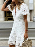 Women's Casual Dress Lace Dress White Dress Mini Dress Lace Eyelet Street Holiday Vacation Fashion Streetwear V Neck Short Sleeve Slim White Color S M L XL XXL Size