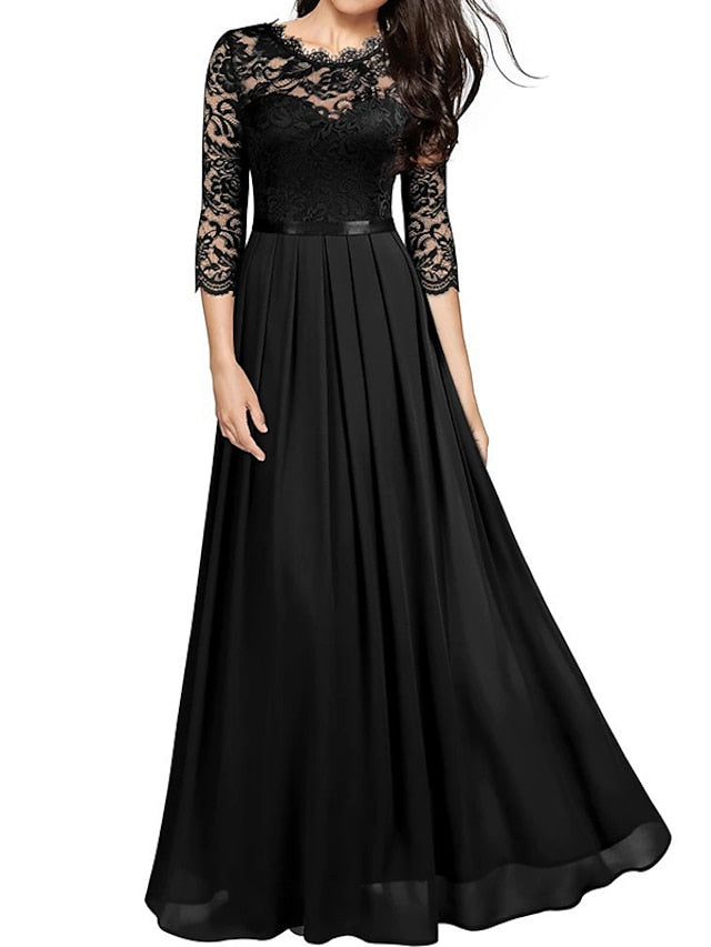 Women's Prom Dress Party Dress Lace Dress Long Dress Maxi Dress Green 3/4 Length Sleeve Pure Color Lace Summer Spring Fall Crew Neck Fashion XXL