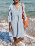 Women's Cotton Linen Dress Casual Dress Midi Dress Cotton Basic Classic Outdoor Daily Vacation V Neck Ruched Pocket 3/4 Length Sleeve Summer Spring Fall Regular Fit White Blue Green Plain S M L