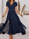 Women's Prom Dress Party Dress Wedding Guest Dress Long Dress Maxi Dress Navy Blue Short Sleeve Pure Color Ruffle Summer Spring Fall V Neck Fashion Evening Party Wedding Guest Vacation S M L XL