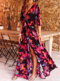 Women's Long Dress Maxi Dress Casual Dress Floral Dress Boho Dress Floral Casual Outdoor Daily Going out Lace up Split Long Sleeve V Neck Dress Loose Fit Black Red Green Fall Spring S M L XL XXL