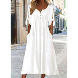 Women's Casual Dress Shift Dress White Dress Midi Dress White Short Sleeve Pure Color Button Summer Spring V Neck Basic Vacation Loose Fit S M L XL XXL 3XL