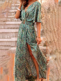 Women's Long Dress Maxi Dress Casual Dress Floral Dress Boho Dress Floral Casual Outdoor Daily Going out Lace up Split Long Sleeve V Neck Dress Loose Fit Black Red Green Fall Spring S M L XL XXL