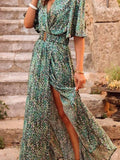 Women's Long Dress Maxi Dress Casual Dress Floral Dress Boho Dress Floral Casual Outdoor Daily Going out Lace up Split Long Sleeve V Neck Dress Loose Fit Black Red Green Fall Spring S M L XL XXL